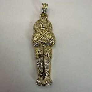 Egyptian Mummy Sarcophagus Pendant Gold Tone Rhinestone Statement Charm